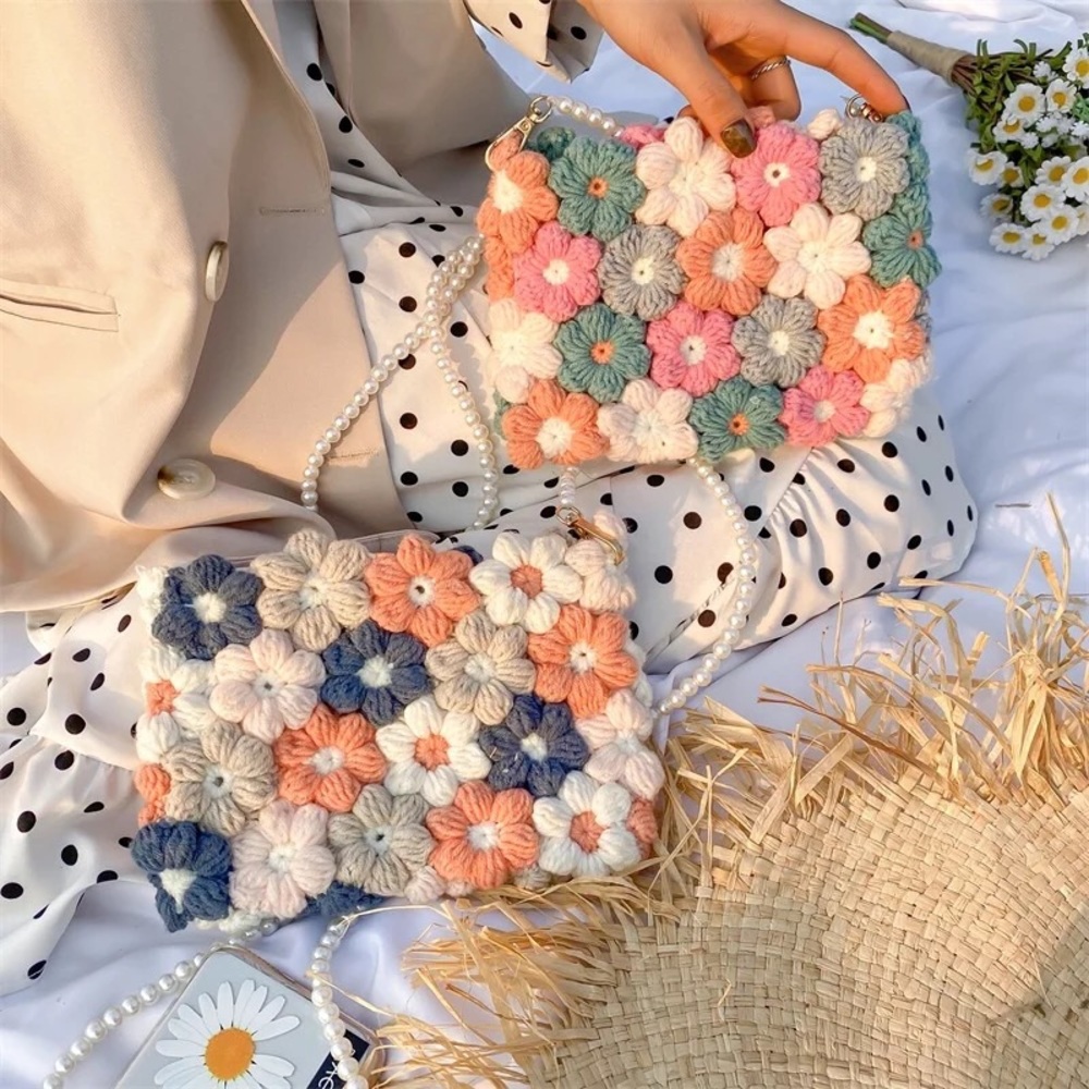 Crochet bag flower rainbow pink shoulder womens Pearl strap - Picture 6 of 6